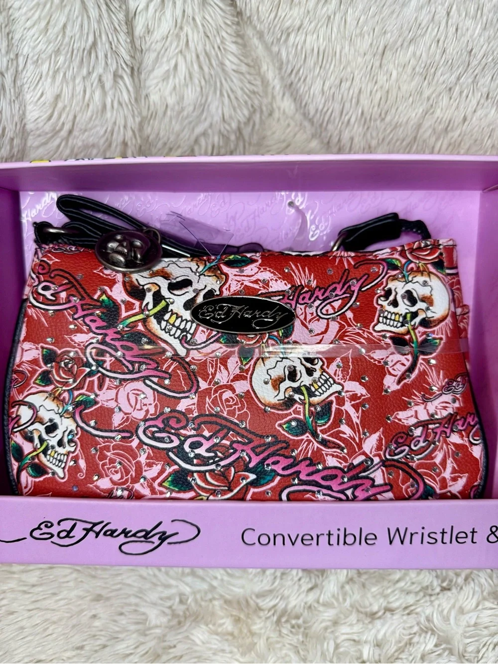 Ed Hardy Red Skull & Rose Convertible Wristlet with Key Ring